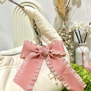 Cute Lace Bow Keychain, Black Ribbon Bag Charm with Pearl Bead, Elegant Lace Charm Accessory Gift for Girl Pink Coquette Keyring for handbag