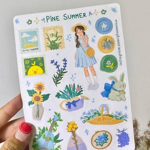 Whimsical Summer Sticker Sheet Blue Sunny Pine Summer Sticker Color Palette of Season Decorative Sticker Aesthetic Cute Sticker for Planner