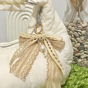 White Lace Bow Keychain Elegant, Black Ribbon Bag Charm with Pearl Bead, Handmade Elegant Lace Charm Accessory for Gift, Pink Ribbon Keyring