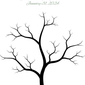Peut inclure: Une silhouette noire d'un arbre nu avec des branches qui s'étendent. Le texte "Jane & John" et "January 31, 2024" est en haut de l'image. Le texte "Please 'leaf' a signature for the newlyweds" est en bas de l'image.