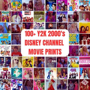 以下が含まれることがあります： 2000年代のディズニー・チャンネル映画のシーンや宣伝画像のコラージュ。俳優やキャラクターが写っており、中央の白い長方形のオーバーレイには赤い文字で「100+ Y2K 2000's DISNEY CHANNEL MOVIE PRINTS」と書かれています。