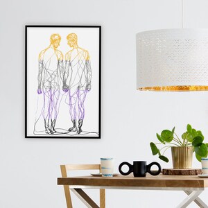 Puede incluir: Una impresión enmarcada en negro de un dibujo de línea de dos personas de pie frente a frente. Las líneas son en negro, morado y amarillo.