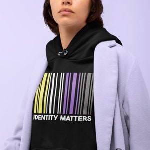 以下が含まれることがあります： 黄色、白、紫、グレーのバーコードデザインが施された黒いパーカー。バーコードの下に「IDENTITY MATTERS」というテキストが印刷されています。