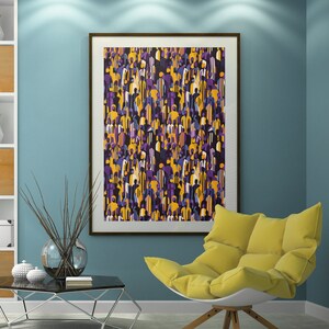 May include: A yellow armchair with a unique, puffy design sits in a room with a modern, abstract painting on the wall. The painting features a repeating pattern of colorful geometric shapes.