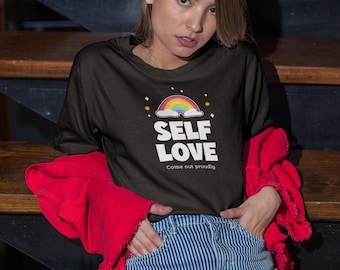 Empowerment Rainbow Tee - 'SELF LOVE' Grafik-T-Shirt mit Pride Slogan - Weiches Freizeithemd aus 100% Baumwolle - Inspirierende Mode für alle