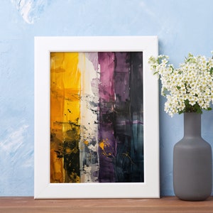 May include: Abstract painting in a white frame with yellow, white, black, purple, and blue brushstrokes. The painting is on a wooden shelf with a vase of white flowers.