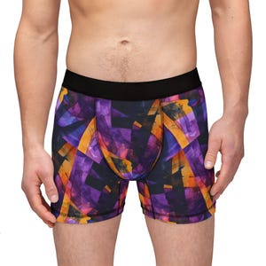 May include: Purple, orange, and blue abstract patterned boxer shorts with a black waistband.