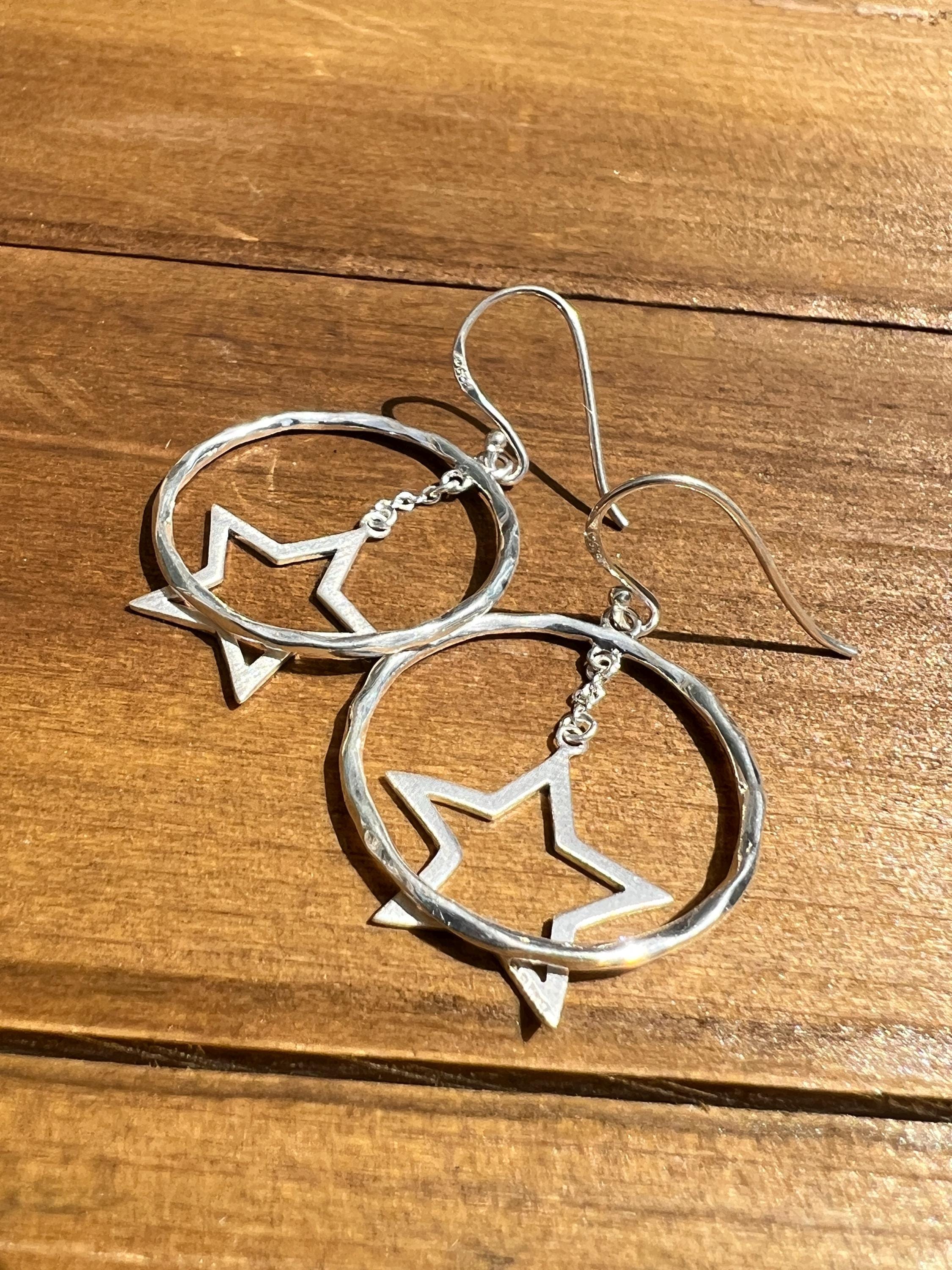 Vintage Sterling Silver Circle Star Dangle Earrings