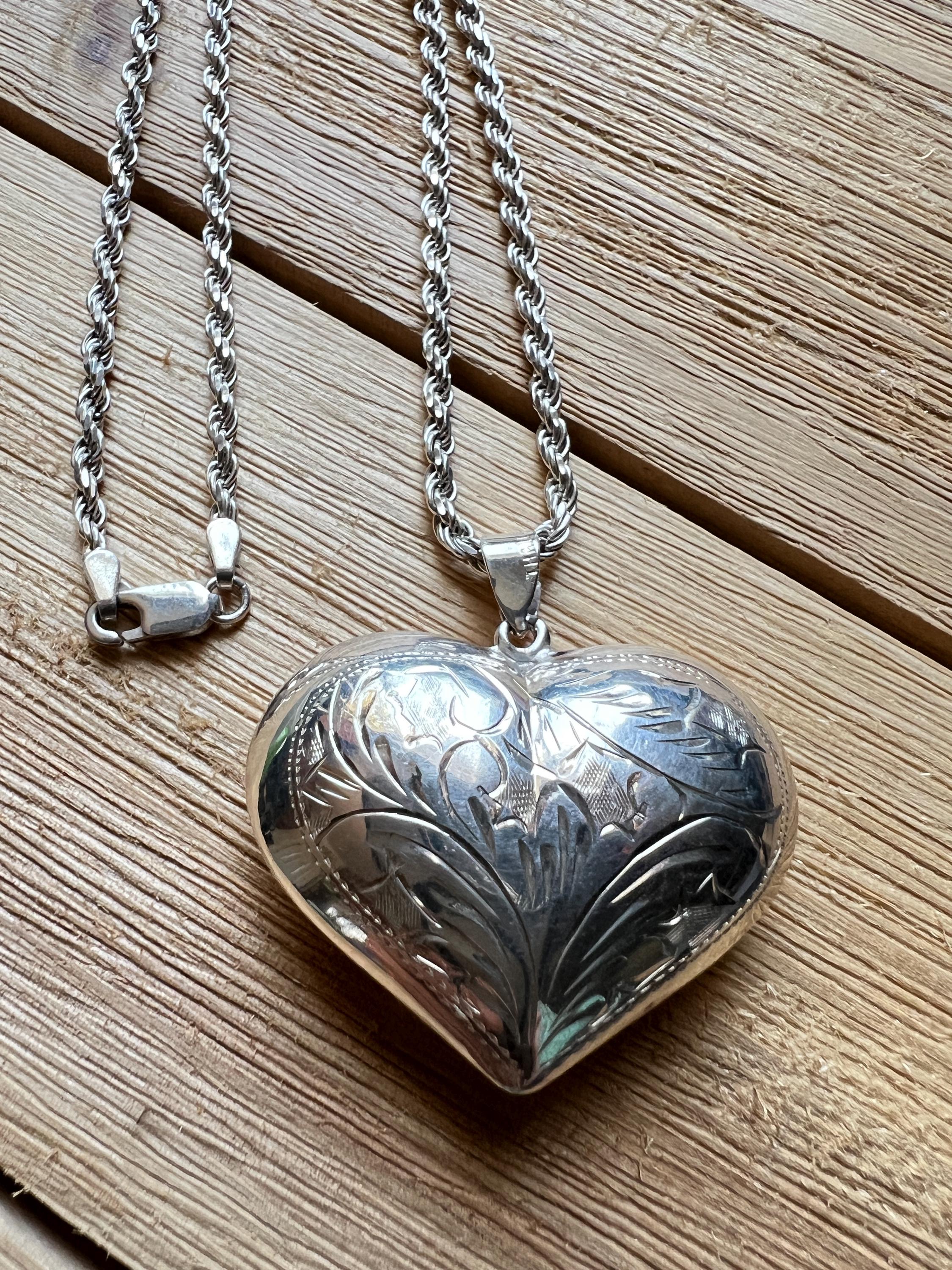 Vintage Sterling Silver Large Puffy Heart Necklace, Scrolled heart pendant on 92