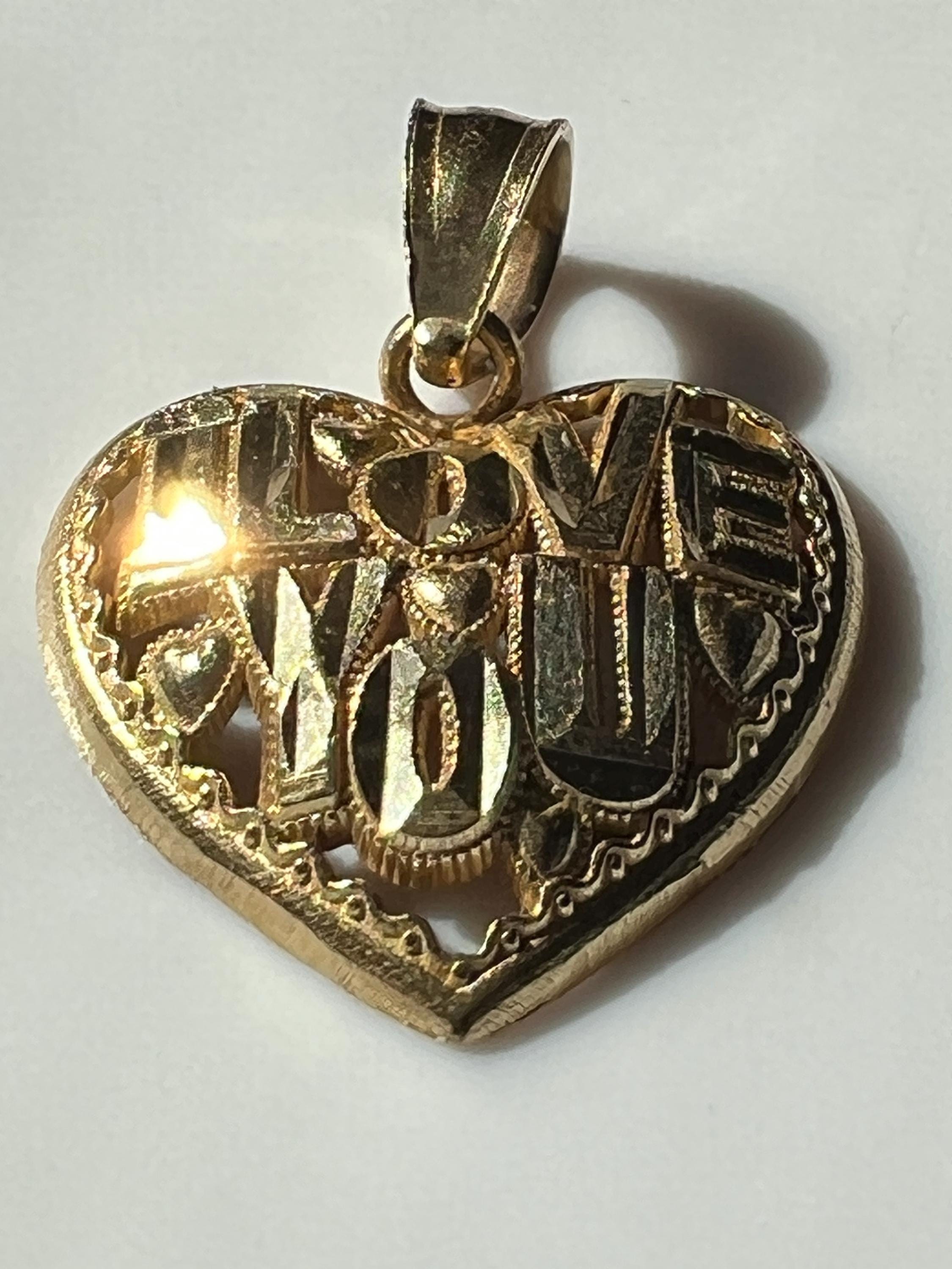 Vintage 14k Yellow Gold I Love You Pendant, Puffed Heart, Solid Gold Stamped, 