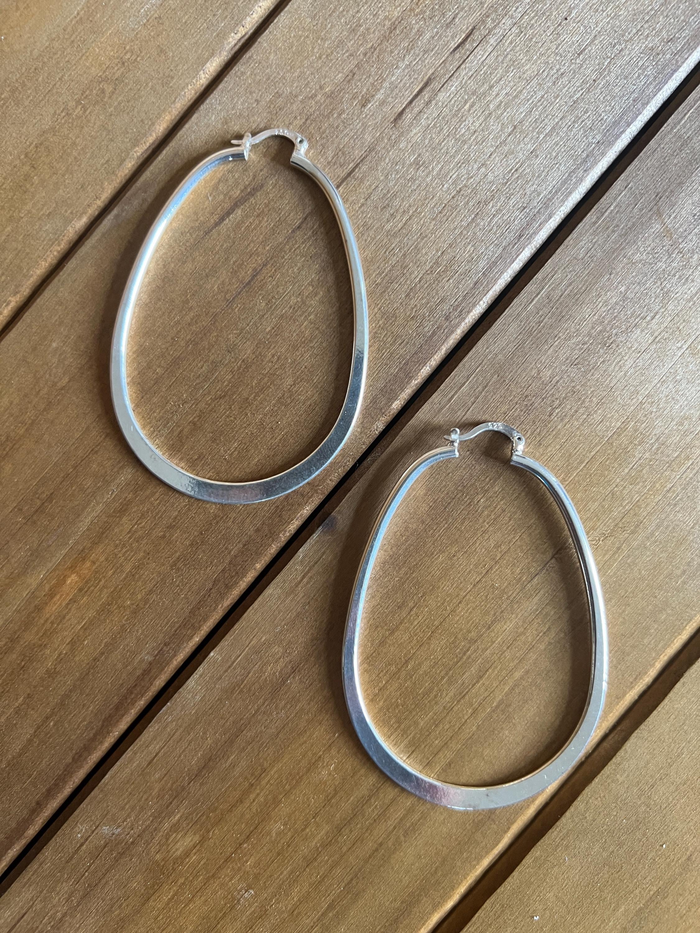 Vintage Sterling Silver Large Oval 925 Earrings, Marked Solid Silver