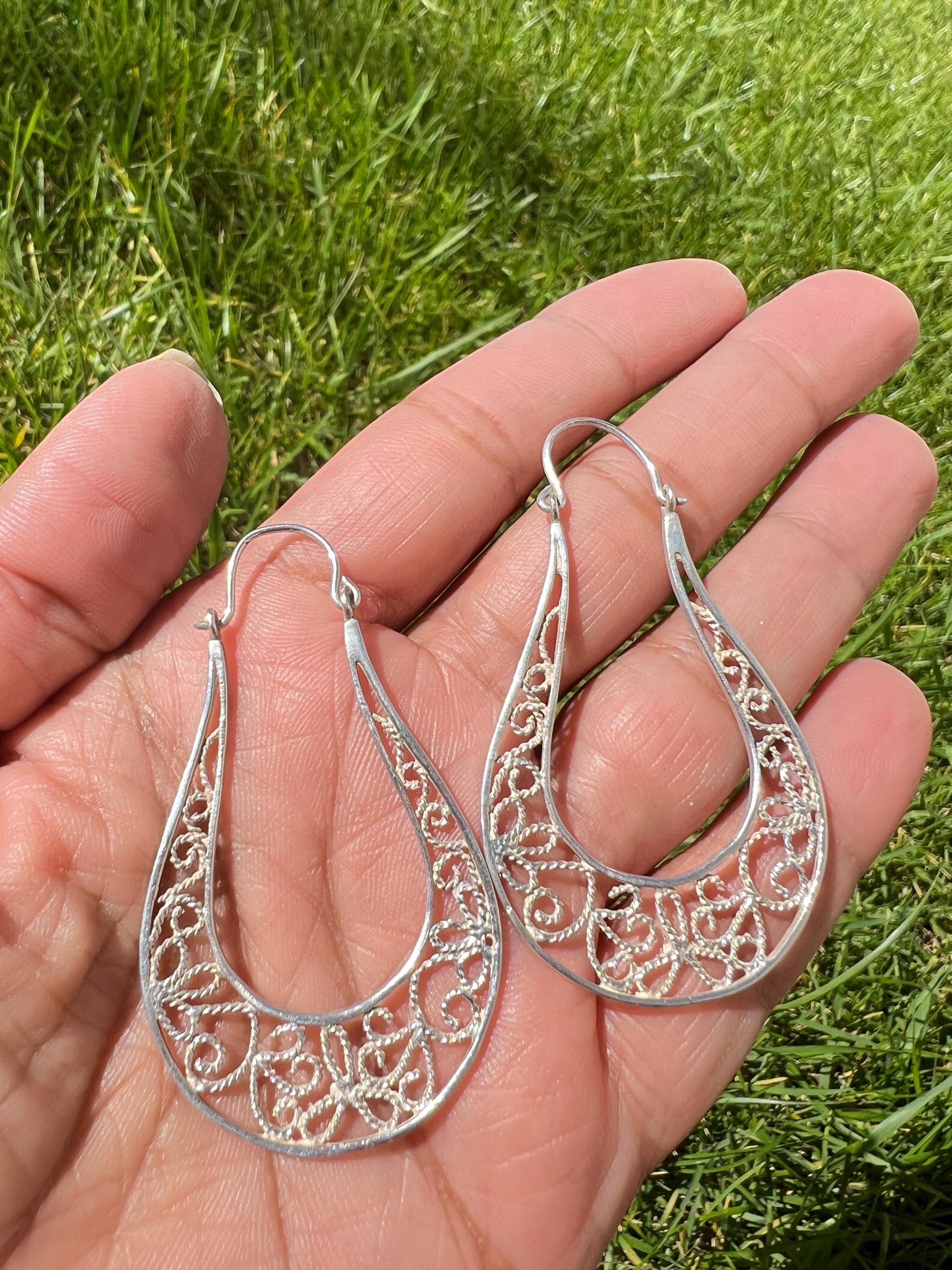 Vintage Sterling Silver Large Elongated U 925 Ornate Hinged Earrings