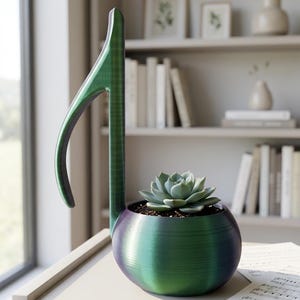 May include: A musical note-shaped planter with a smooth, iridescent finish that shifts between shades of deep purple and vibrant green. The rounded base holds a small, light green succulent plant nestled in dark soil, creating a unique botanical display.