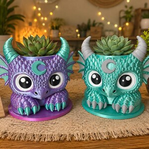 Peut inclure: Deux pots de fleurs en forme de dragon avec des écailles texturées, de grands yeux et des cornes. L'un est violet métallique avec des accents sarcelle, l'autre est sarcelle métallique avec des accents gris. Chacun porte un croissant de lune.