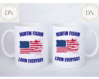 Fishing Hunting American Flag Coffee Mugs 15oz Great Gifts For Christmas Dad Grandpa Husband Son Or Any Fisherman or Hunter Luke Bryan Fan