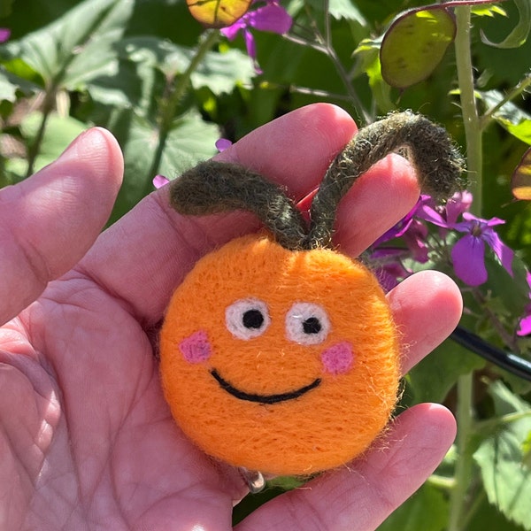 Happy Orange Pin/Brooch. A whimsical pin to adorn a hat/beanie, sweater or, anywhere you can place a pin. Handmade by me by needle felting.