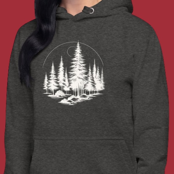 forest moon hoodie with pine trees and moon phase for warm winter sweater or camping hoodie