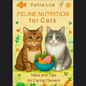 Può includere: Copertina del libro "Feline Nutrition for Cats" con illustrazioni di due gatti. Uno indossa un grembiule, l'altro ha il pelo grigio e bianco. Una ciotola di cibo è tra loro. Il testo recita "Tales and Tips for Caring Owners."