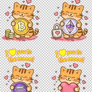 Crypto Cat Valentine PNG Set | Bitcoin, Ethereum, Solana Art (Digital Download)