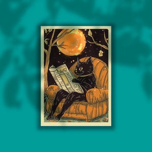 Spooky Black Cat Halloween Poster: Book Lover Autumn Decor (Digital Art)