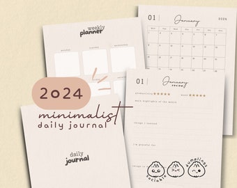 2024 Printable Planner, Daily Journal, Minimalist, Monthly Calendar, Editable, Journal, Canva, 2024 Planner, US Letter, A4, A5 Size Journal