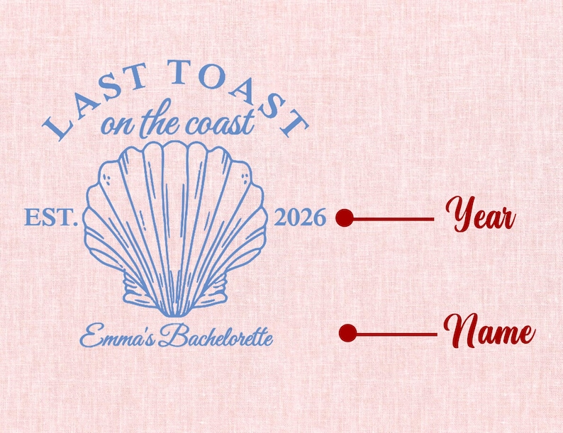 K&ouml;nnte beinhalten: Ein blaues und wei&szlig;es Muschel-Design mit dem Text "Last Toast on the Coast" und "Emma's Bachelorette" mit dem Jahr 2026 und den W&ouml;rtern "Year" und "Name" in Rot.