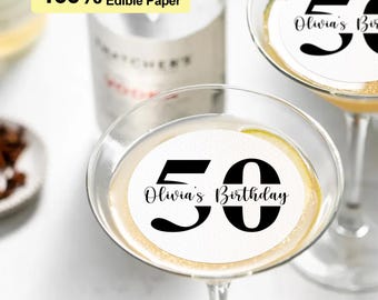 EDIBLE Drink Toppers for 50th Birthday, Custom Birthday Cocktail Topper, Milestone Birthday Party Decor, 20th 30th 40th Birthday Cake Topper