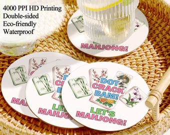 Mahjong Theme Print Coaster, Dot Crack Bam! Coaster Set, Let’s Mahjong Coaster, Dragon and Tile Art Coaster, Colorful Tile Mahjong Coaster