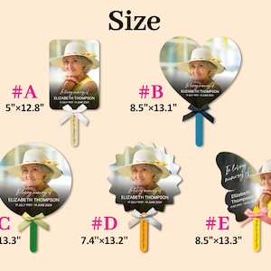 May include: Five different styles of memorial fans with a photo of a woman in a hat. The fans are available in various sizes, including 5 inches by 12.8 inches, 8.5 inches by 13.1 inches, 7.5 inches by 13.3 inches, 7.4 inches by 13.2 inches, and 8.5 inches by 13.3 inches. The fans are made of cardboard and have a stick handle.
