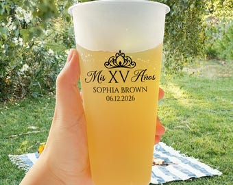 Quinceañera Birthday Custom Frosted Cups, 12oz, 16oz, 20oz, 24oz/Personalized Party Cups /Quinceanera Favors/Mis Quince Años Gift