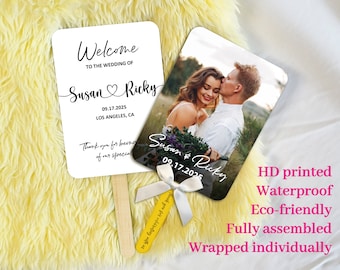 FULL-ASSEMBLED Wedding Ceremony Photo Fans with Wooden Handles Custom Wedding Favors Program Fans Double-sided Church Fans Outdoor Event Fan