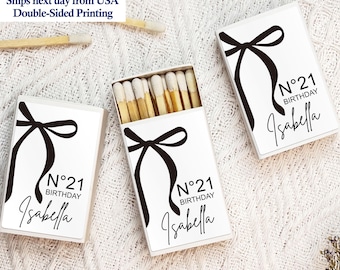 Personalized 21st Birthday Matchboxes with Bow Print, BULK Custom 21st Birthday Matchbooks, 21st Birthday Party Matches Favors, Gift for Her