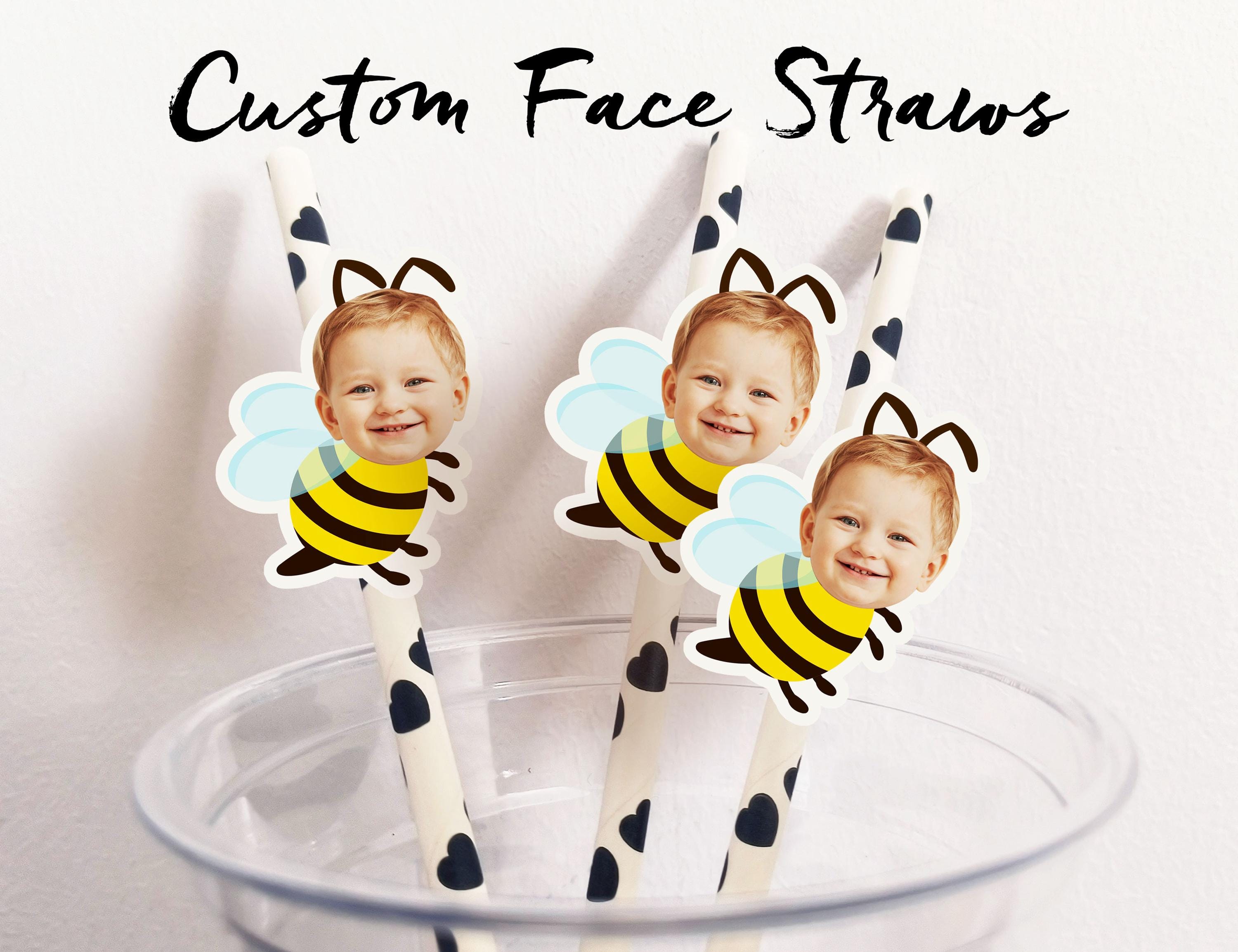 Personalized Face Straws Birthday Decorations Personalized Bumble Bee Photo Straws Birthday Tableware Decor Custom Party Straws 1st Birthday