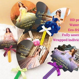Miss Quince Años Photo Fans with Wooden Stick Quinceañera Party Favor Double-sided Wedding Favors Fan Personalized Quinceañera Fan ASSEMBLED