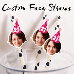Custom Face Birthday Straw, Face Wearing Birthday Hat Party Favors, Face Straws for Birthday Party, Birthday Decor, Personalized Photo Straw