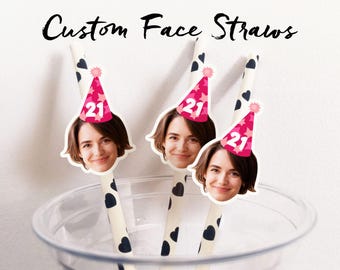 Custom Face Birthday Straw, Face Wearing Birthday Hat Party Favors, Face Straws for Birthday Party, Birthday Decor, Personalized Photo Straw