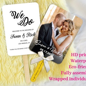 We Do Wedding Program Photo Fans with Wooden Handles Custom Wedding Favors Program Fans Double-sided Church Fans Bridesmaid Gifts ASSEMBLED