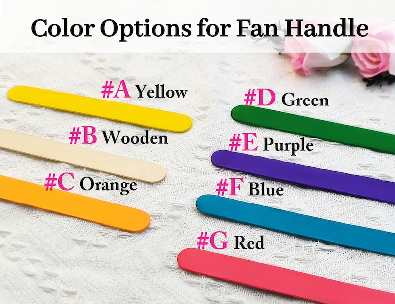 May include: Color options for a fan handle, shown as painted wooden sticks. The colors are yellow, wooden, orange, green, purple, blue, and red.