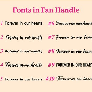 May include: A graphic showing 10 different font styles for the phrase "Forever in our hearts". The fonts range from cursive to bold and all caps.
