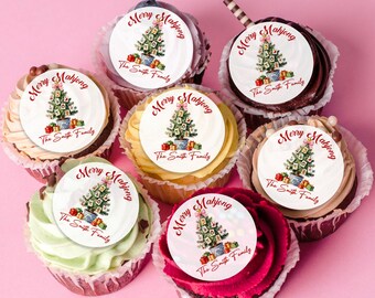 Custom Christmas Cupcake Toppers, Merry Mahjong Chinoiserie Christmas Tree Cupcake Toppers, Cake Toppers, Party Decor, Edible Drink Toppers
