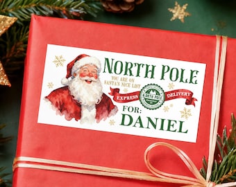 Etiqueta de regalo de entrega exprés del Polo Norte / Etiquetas de regalo personalizadas de Papá Noel / Etiqueta de regalo de Navidad de Papá Noel / Pegatinas de regalo de Navidad para niños