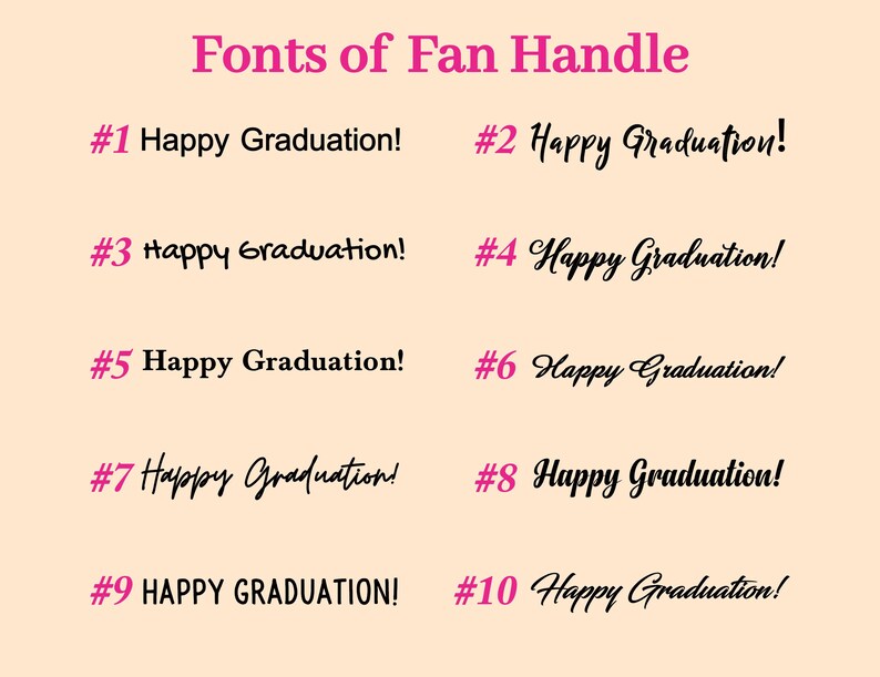 Może przedstawiać: Grafika przedstawiająca dziesięć r&oacute;żnych styl&oacute;w czcionek dla frazy "Happy Graduation!" w czarnym kolorze na jasnor&oacute;żowym tle.
