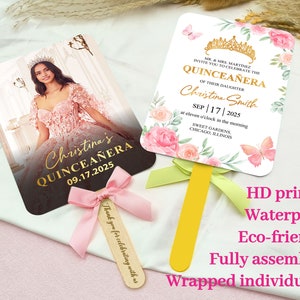 FULL-ASSEMBLED Quinceañera Favor Double-sided Photo Fans with Wooden Stick Wedding Fan Personalized Quinceañera Fan Miss Quince Años Gifts