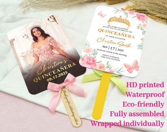 FULL-ASSEMBLED Quinceañera Favor Double-sided Photo Fans with Wooden Stick Wedding Fan Personalized Quinceañera Fan Miss Quince Años Gifts
