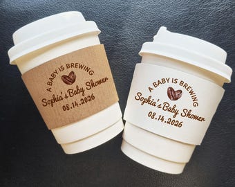 Maniche per tazze da caffè in carta stampate personalizzate per baby shower, usa e getta/Kraft marrone o bianco, decorazioni per feste, baby shower in arrivo, decorazioni per feste, bar del caffè