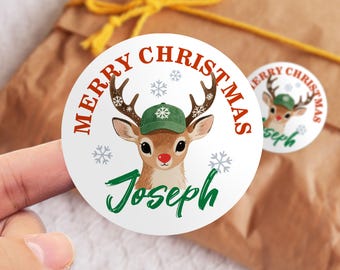 Personalised Name Stickers for Christmas Gifts/Reindeer Christmas Name Labels/Gifts for Kids/Custom Round Christmas Present Stickers Labels