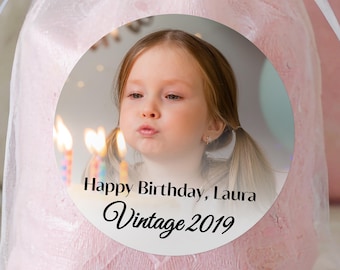 Gepersonaliseerde verjaardagssticker, aangepaste verjaardagssticker, gunststickers voor verjaardag, verjaardag foto gunststicker, 21e/30e/40e/50e