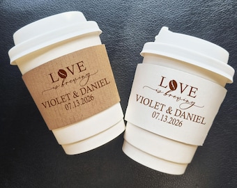 Wedding Coffee Cup Sleeves Custom Wedding Party Decor Personalized Printed Paper Coffee Cup Sleeves Love is Brewing Custom Names Coffee Cup