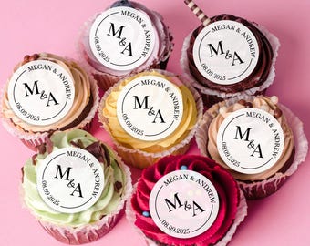Initials Name and Date Monogram Edible Cupcake Toppers/Wedding Cocktail Topper/Party Decor for Bachelorette, Birthday, Bridal/Logo Toppers