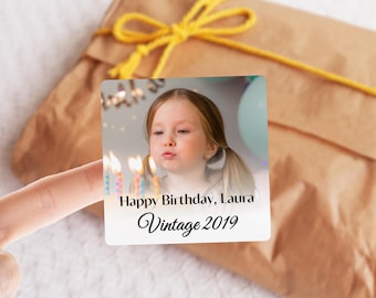 Verjaardagsstickers, aangepaste fotosticker voor verjaardag, gepersonaliseerde verjaardagssticker, 30e/40e/50e verjaardagssticker, sticker verjaardagsgunst